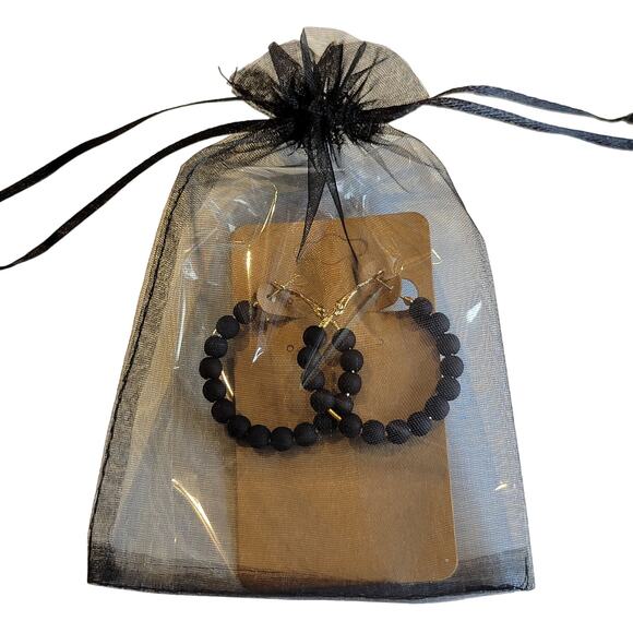 Black Beaded Hoop Earrings Gold Tone Latch Back 1.5" NWT Boho Statement 1980's - Picture 8 of 8